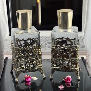Vintage Perfume‎ Holder Jars Metal Bottles 2pc